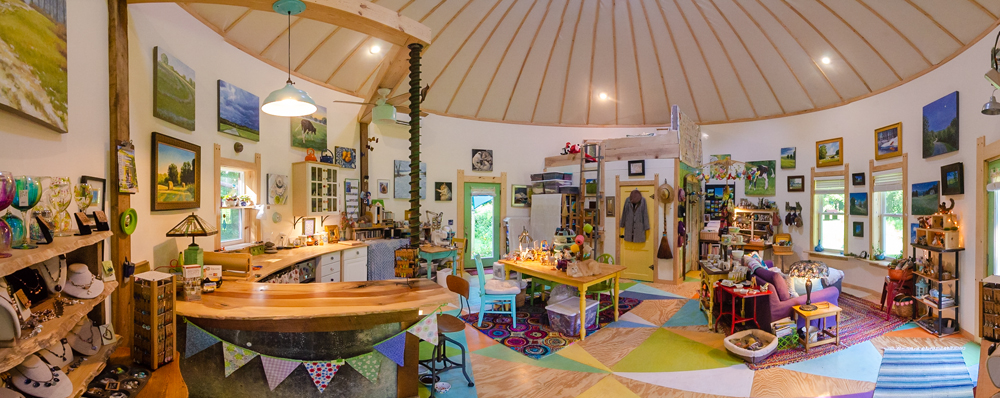 A panoramic view of the interior of Monique Cagle’s grain bin turned art studio. Photos by Rodney Margison